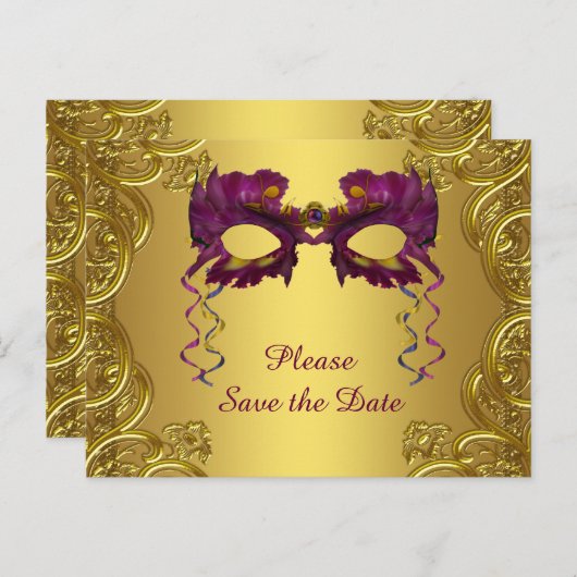 Paarse en gouden Masquerade Party Save The Date Aankondigingskaart (Voorkant / Achterkant)