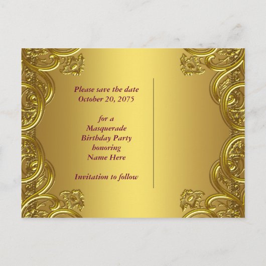 Paarse en gouden Masquerade Party Save The Date Aankondigingskaart (Achterkant)