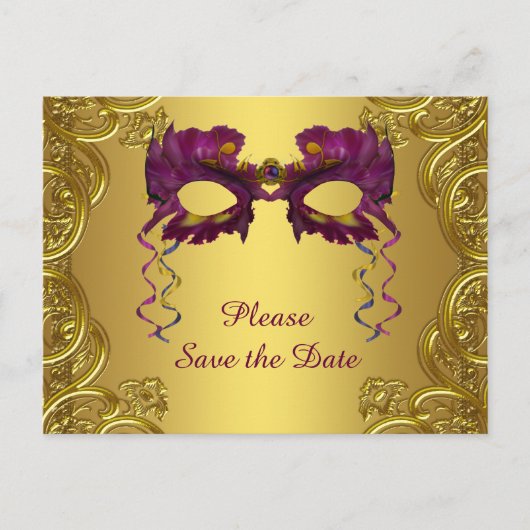 Paarse en gouden Masquerade Party Save The Date Aankondigingskaart (Voorkant)