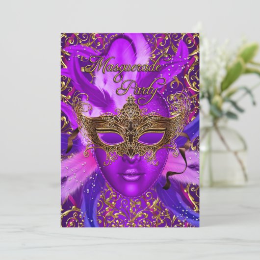 Paarse en gouden Masquerade party voor de veters Kaart (Staand voorkant)