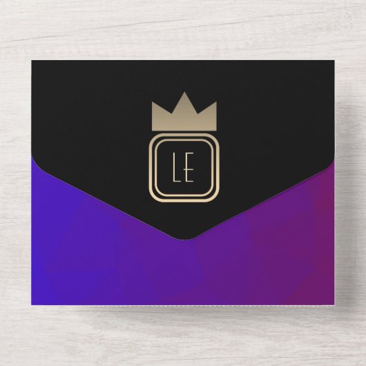 Paarse en gouden monogram bruiloft all in one uitnodiging (Achterkant)