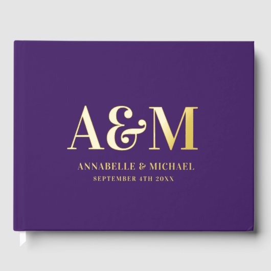 PAARSE EN GOUDEN MONOGRAM MINIMALISTISCHE BRUILOFT GASTENBOEK (Voorkant)