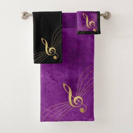 Paarse en gouden muziekhanddoeken - Treble Clef Bad Handdoek (Insitu)