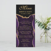 Paarse en gouden nep glitters agaat bruiloft menu (Staand voorkant)