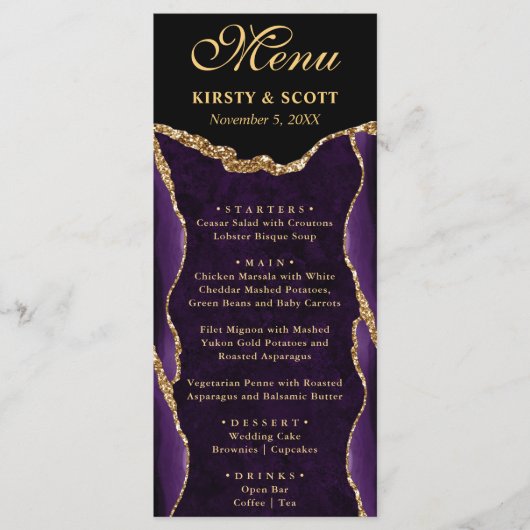 Paarse en gouden nep glitters agaat bruiloft menu (Voorkant)