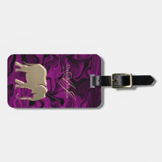 Paarse en gouden olifant Elegant Monogrammed Bagagelabel (Voorkant horizontaal)