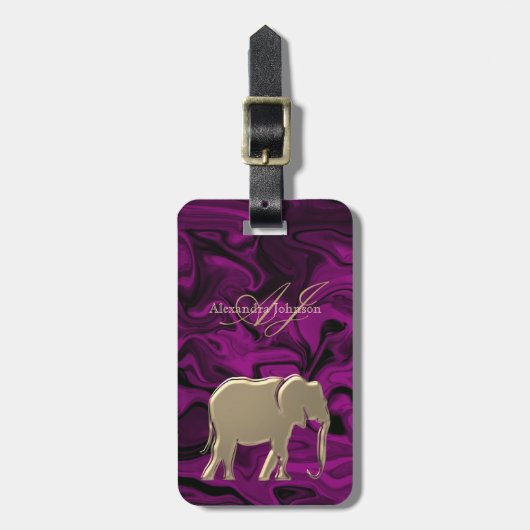 Paarse en gouden olifant Elegant Monogrammed Bagagelabel (Voorkant verticaal)