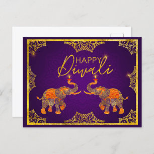 Paarse en gouden olifanten Happy Diwali Briefkaart