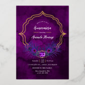 Paarse en gouden pacock Floral Quinceañera Folie Uitnodiging (Voorkant)