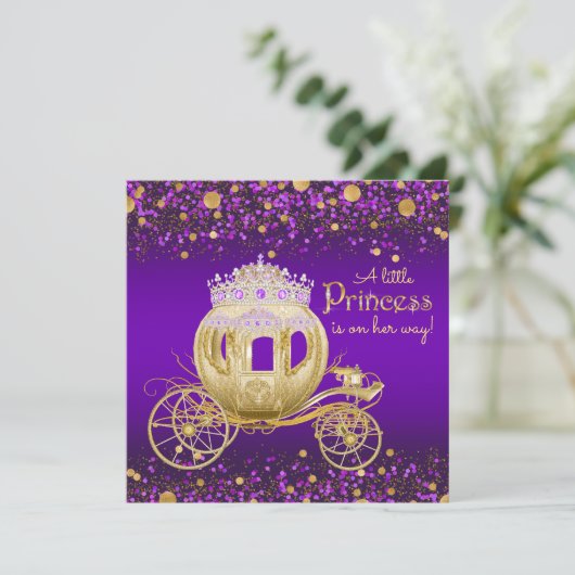 Paarse en gouden Princess Carriage Baby shower Kaart (Staand voorkant)