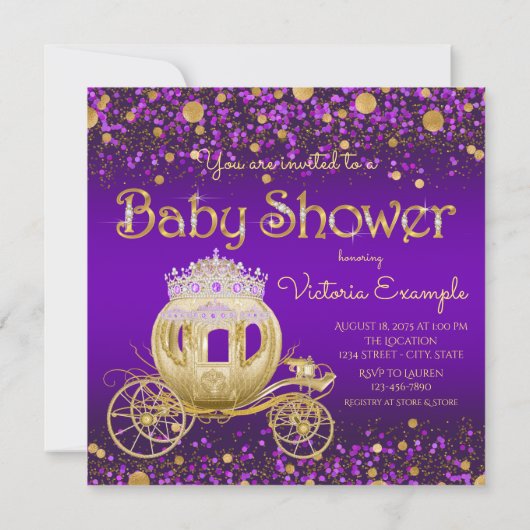 Paarse en gouden Princess Carriage Baby shower Kaart (Achterkant)