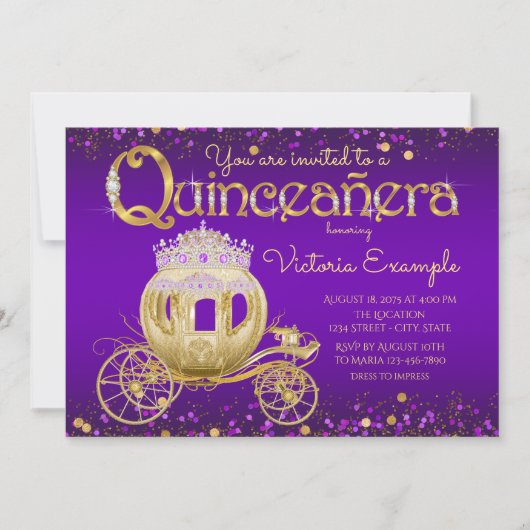 Paarse en gouden prinses Quinceanera Kaart (Voorkant)
