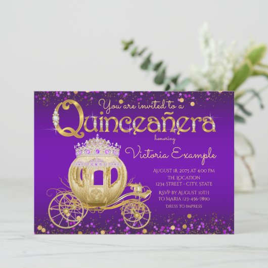 Paarse en gouden prinses Quinceanera Kaart (Staand voorkant)
