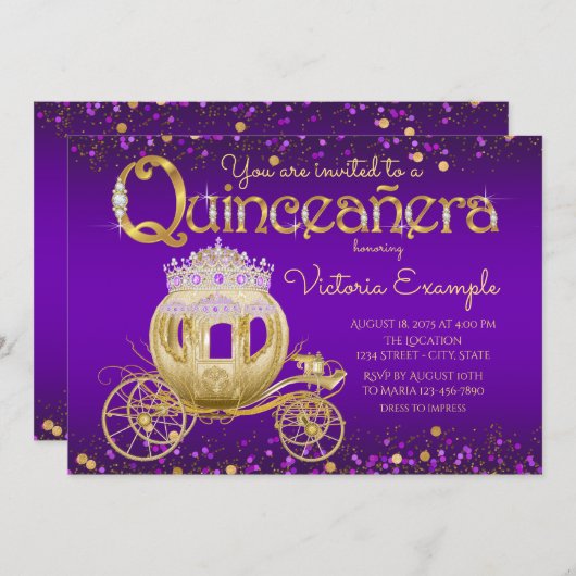 Paarse en gouden prinses Quinceanera Kaart (Voorkant / Achterkant)