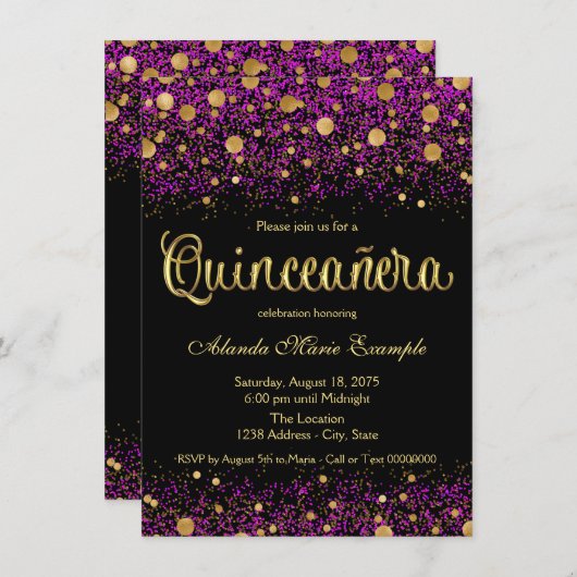 Paarse en gouden Quinceanera Kaart (Voorkant / Achterkant)