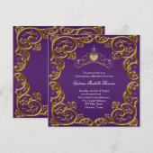 Paarse en gouden Quinceanera Kaart (Voorkant / Achterkant)