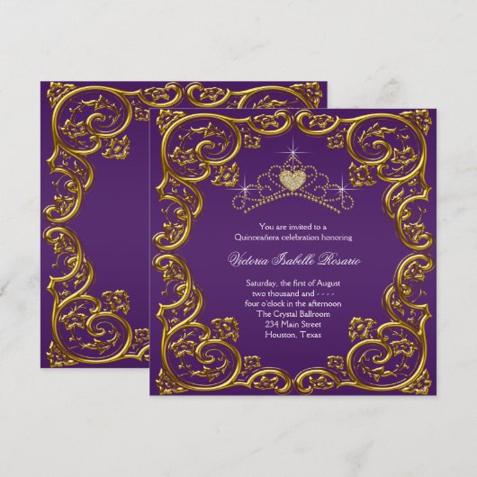 Paarse en gouden Quinceanera Kaart (Voorkant / Achterkant)