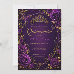 Paarse en Gouden Quinceanera Uitnodiging