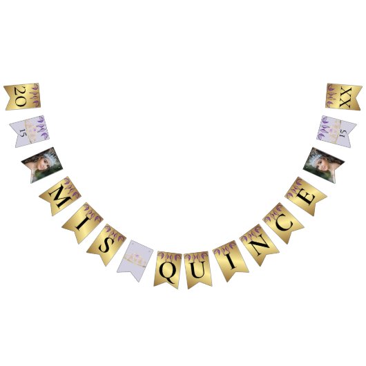 Paarse en gouden Quinceañera viering Vlaggetjes (Alle)