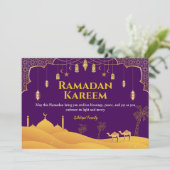 Paarse en gouden Ramadan Mubarak Wenskaart Feestdagenkaart (Staand voorkant)