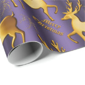Paarse en gouden rendieren Vrolijk kerstfeest Cadeaupapier (Rol Hoek)