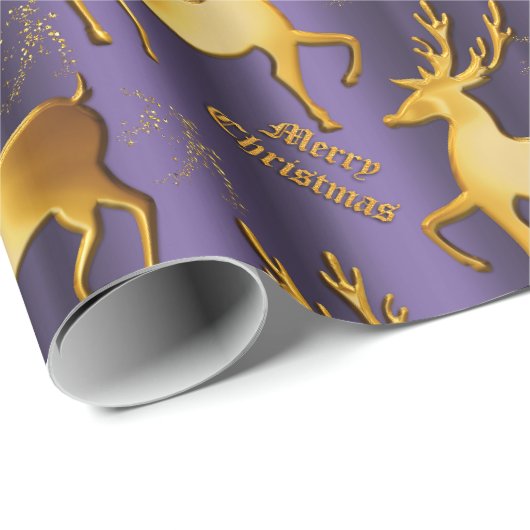 Paarse en gouden rendieren Vrolijk kerstfeest Cadeaupapier (Rol Hoek)