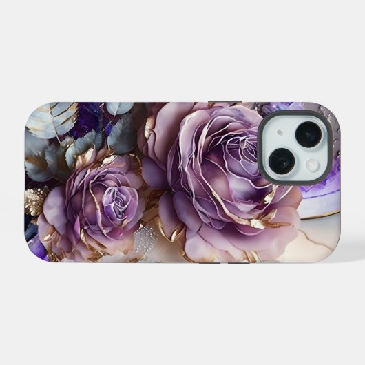 Paarse en gouden reus Rozen iPhone 15 Case (Achterkant horizontaal)