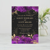 Paarse en Gouden Rozen Border Bloemen Huwelijk Kaart (Staand voorkant)