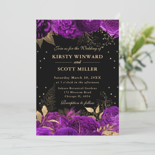 Paarse en Gouden Rozen Border Bloemen Huwelijk Kaart (Staand voorkant)