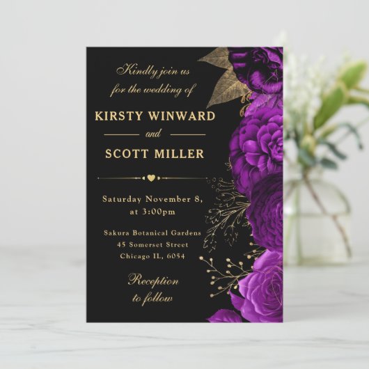 Paarse en gouden Rozen bruiloft Kaart (Staand voorkant)