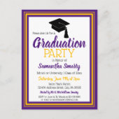 Paarse en gouden schoolkleuren Grad-feestje Uitnodiging Briefkaart (Voorkant)