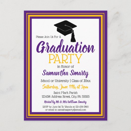 Paarse en gouden schoolkleuren Grad-feestje Uitnodiging Briefkaart (Voorkant)