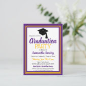 Paarse en gouden schoolkleuren Grad-feestje Uitnodiging Briefkaart (Staand voorkant)