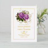 Paarse en gouden  sjabbybloemetjes folie uitnodiging (Staand Voorkant)