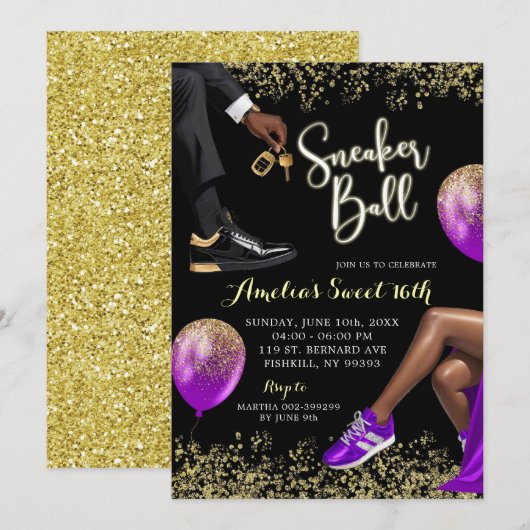 Paarse en Gouden Sneaker Ball Sweet 16 Verjaardag Kaart (Voorkant / Achterkant)