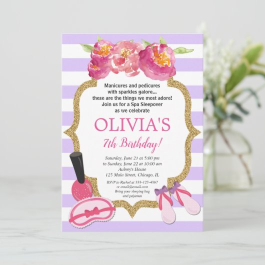 Paarse en gouden Spa Sleepover verjaardagsfeest Kaart (Staand voorkant)