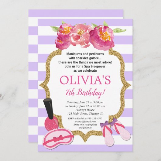Paarse en gouden Spa Sleepover verjaardagsfeest Kaart (Voorkant / Achterkant)