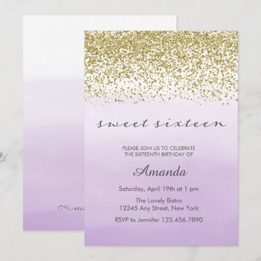 Paarse en gouden Sweet 16 verjaardagsuitnodiging Kaart (Voorkant / Achterkant)