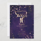 Paarse en gouden Sweet 16 Whimsical Stars Party Kaart (Voorkant)