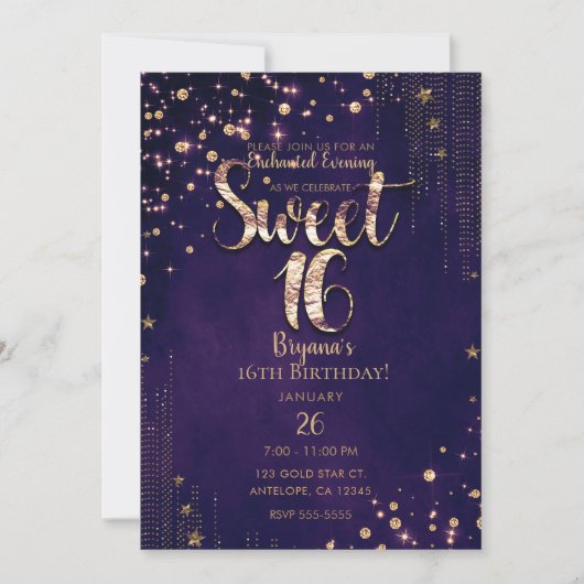 Paarse en gouden Sweet 16 Whimsical Stars Party Kaart (Voorkant)