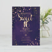 Paarse en gouden Sweet 16 Whimsical Stars Party Kaart (Staand voorkant)