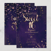 Paarse en gouden Sweet 16 Whimsical Stars Party Kaart (Voorkant / Achterkant)