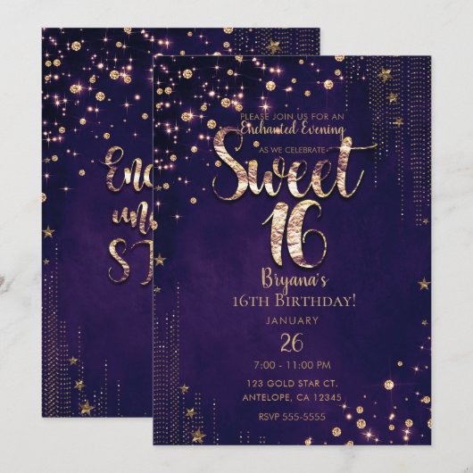 Paarse en gouden Sweet 16 Whimsical Stars Party Kaart (Voorkant / Achterkant)