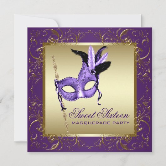 Paarse en gouden Sweet Sixteen Masquerade Party Kaart (Voorkant)
