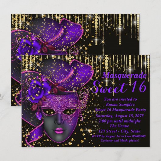 Paarse en gouden Sweet Sixteen Masquerade Party Kaart (Voorkant / Achterkant)