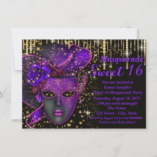 Paarse en gouden Sweet Sixteen Masquerade Party Kaart (Voorkant)