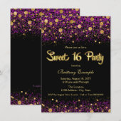 Paarse en gouden Sweet Sixteen Party Kaart (Voorkant / Achterkant)
