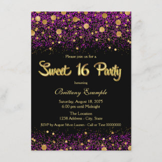 Paarse en gouden Sweet Sixteen Party Kaart