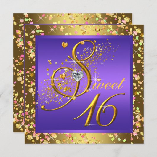  Paarse en gouden Sweet Sixteen Party Kaart (Voorkant / Achterkant)