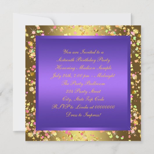  Paarse en gouden Sweet Sixteen Party Kaart (Achterkant)